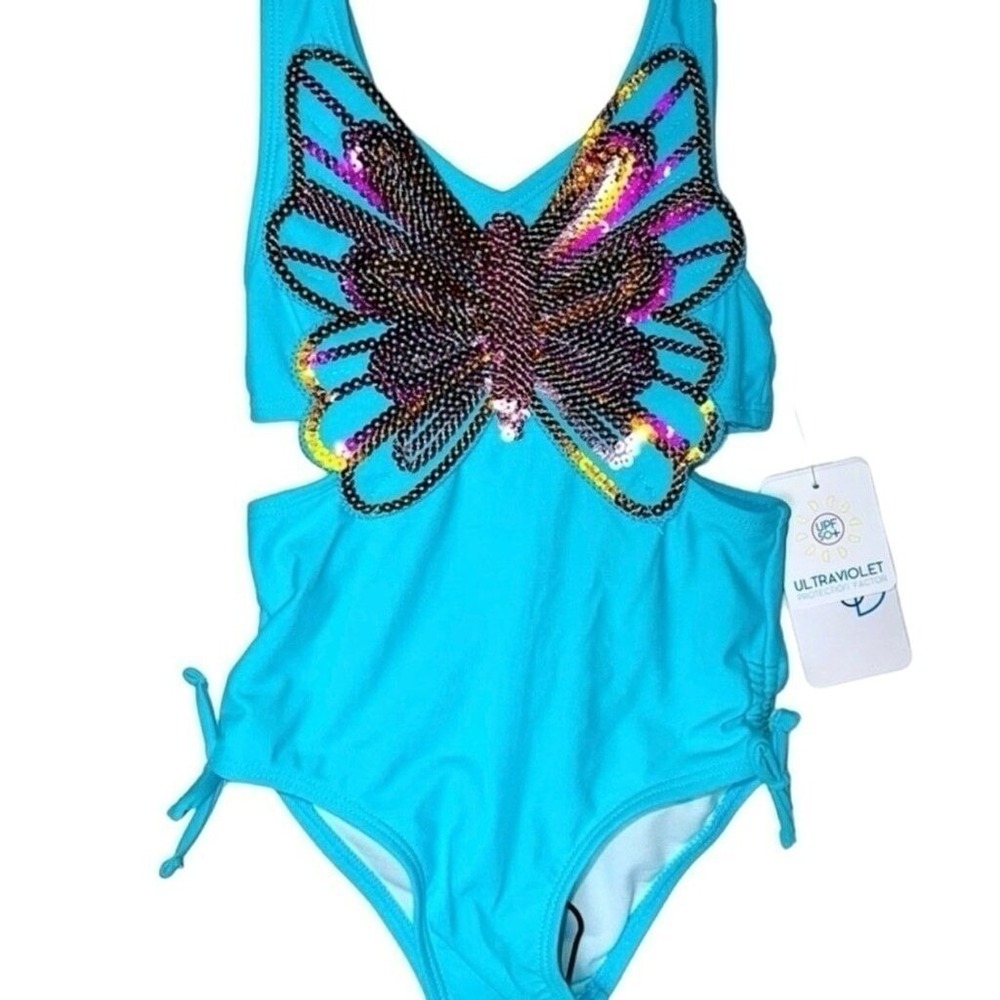 Flapdoodles Size 4 Little Girls Blue Butterfly 1 Piece Sequin Swimsuit NWT
